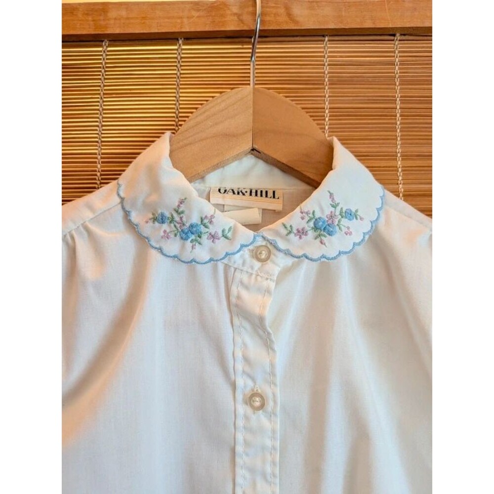 Vintage Embroidered Scalloped Peter Pan Collar Blouse Cottagecore White 10